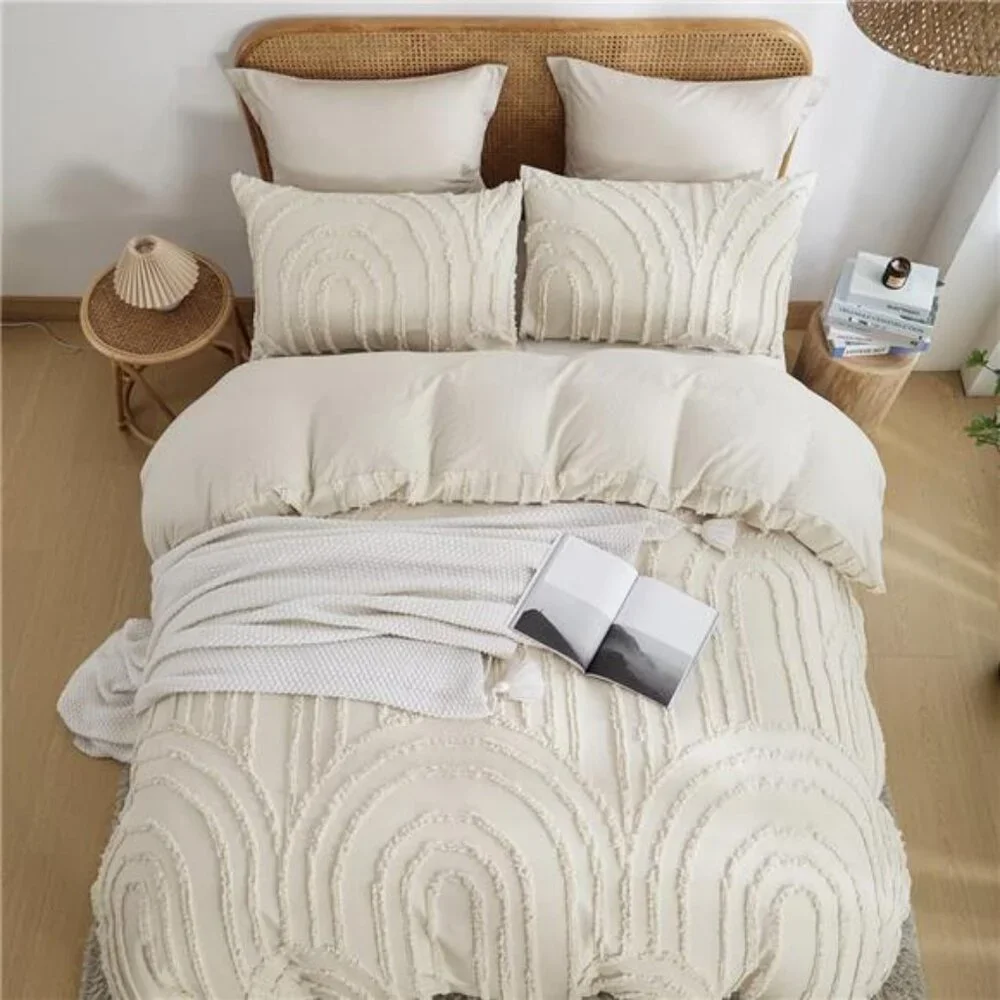NEW Anthro Beige Boho Queen Size Rainbow Tufted Abstract Bedding Duvet Sham Set